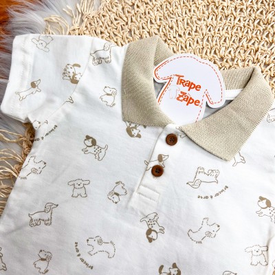 Conj. Camiseta Gola Polo Happy Friend e Bermuda - Off White e Areia